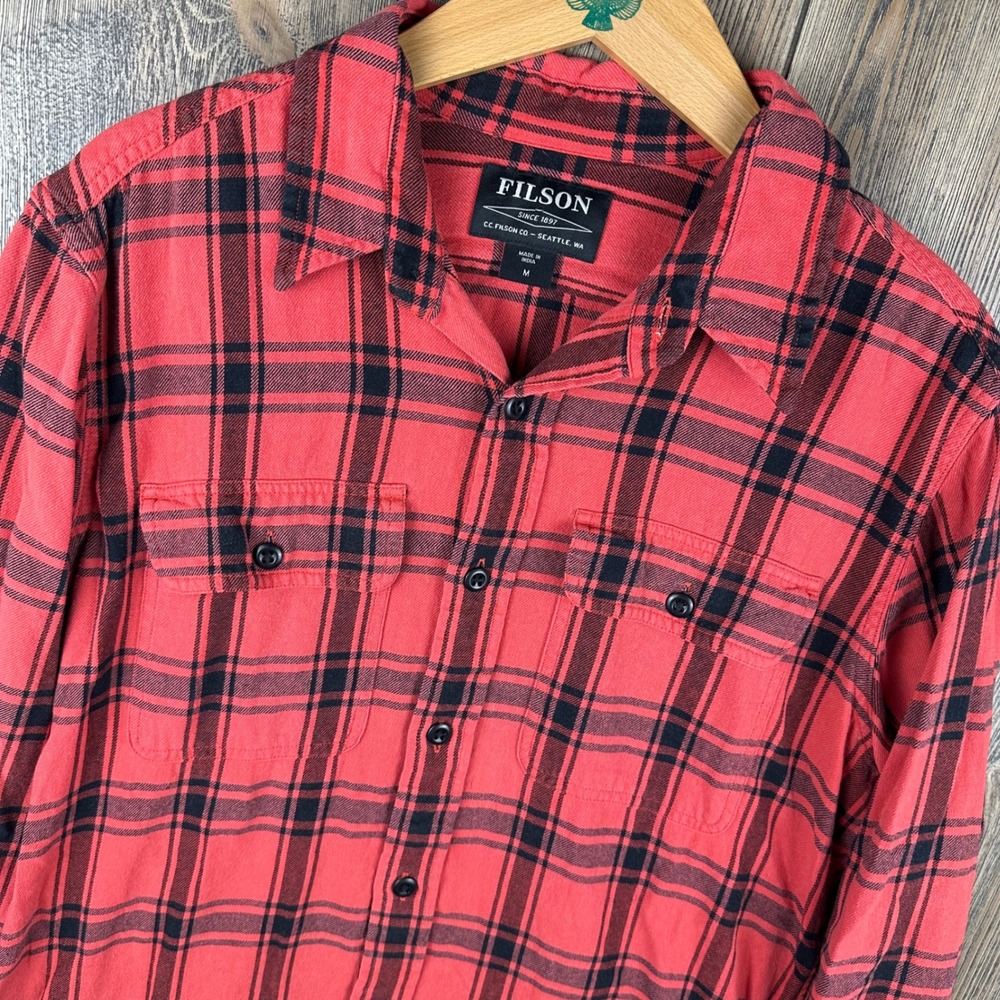 Filson Scout Shirt Mens Medium Red Black Plaid Cotton Twill Button Up